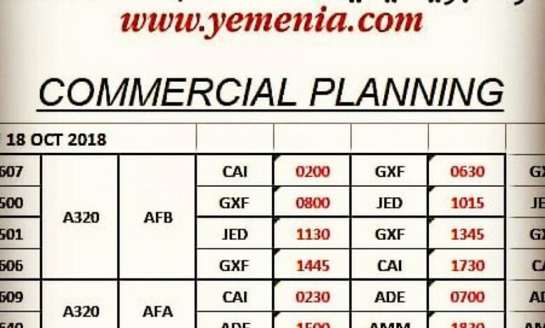 الخطوط الجوية اليمنية تنشر مواعيد إقلاع الرحلات ليوم غدًا الخميس 17 أكتوبر 2018م
