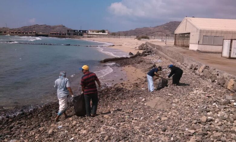 حملة رمزية لمركز أبحاث تلوّث البيئة البحريّة بعدن تستهدف تنظيف شاطئ الغدير