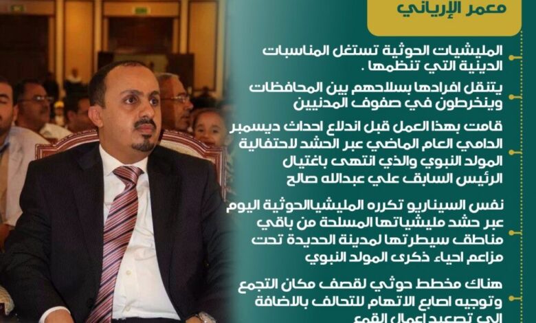 الارياني: الحوثيون ينقلون مسلحيهم وعتادهم إلى الحديدة بزعم إحياء المولد النبوي