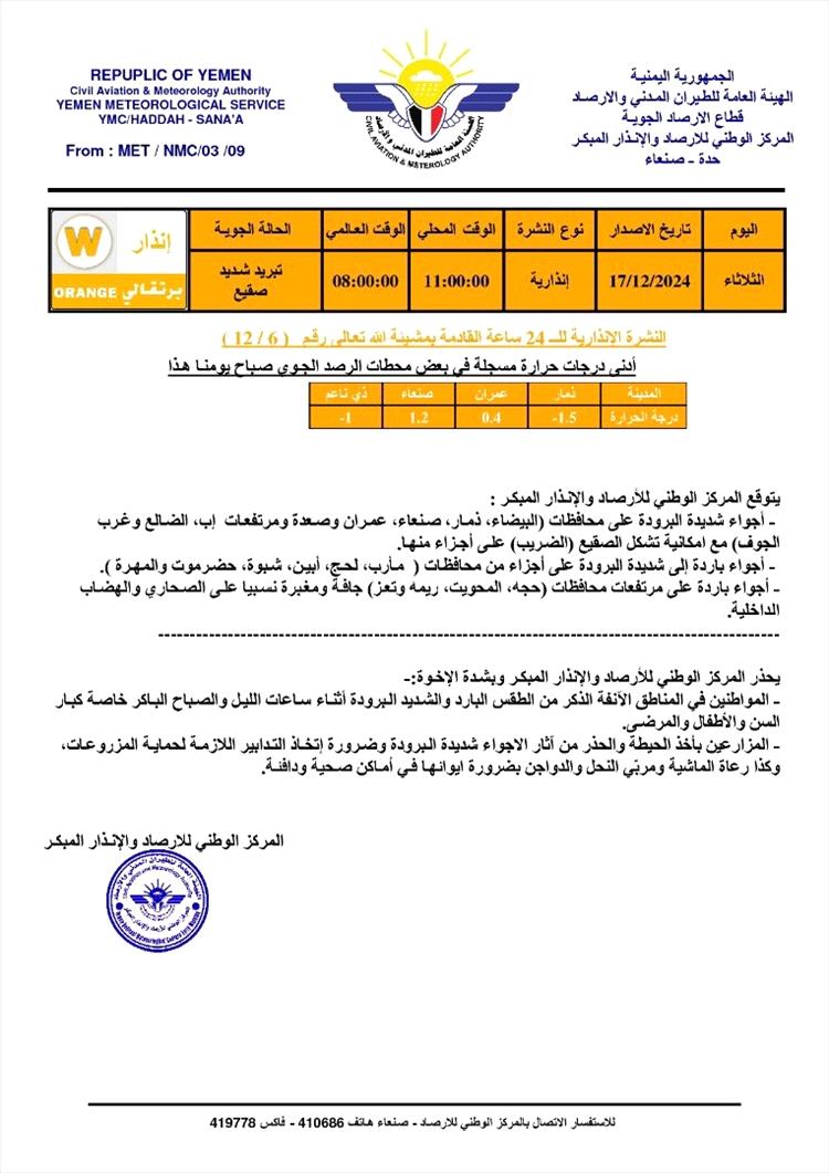 توقعات باجواء باردة جدا في محافظات يمنية عدة