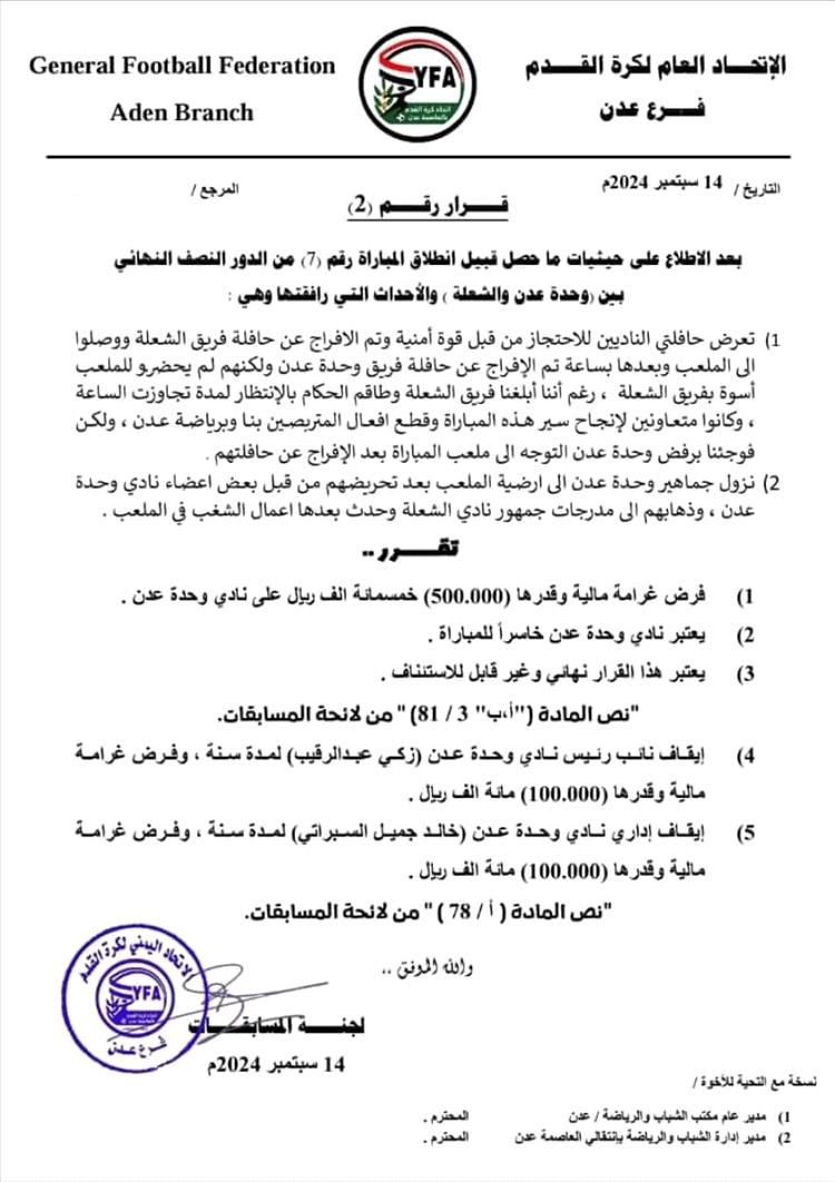 اتحاد كرة القدم يصدر جملة من العقوبات ردا على احداث الوحدة والشعلة