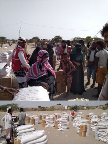 الهلال الأحمر اليمني في أبين يُدشن توزيع مساعدات إغاثية على نازحي الحديدة وتعز