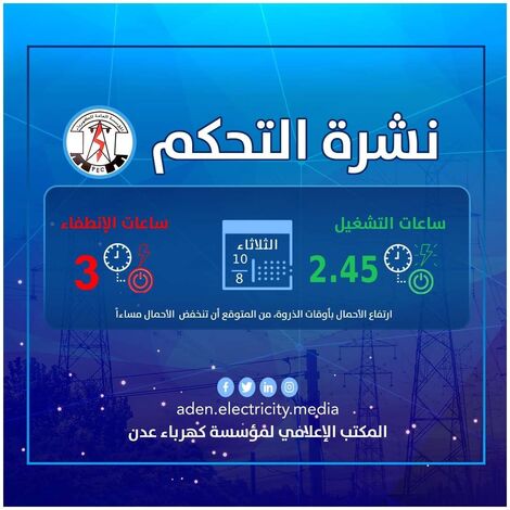 مؤسسة كهرباء عدن توضع برنامجها التشغيلي ليوم الثلاثاء