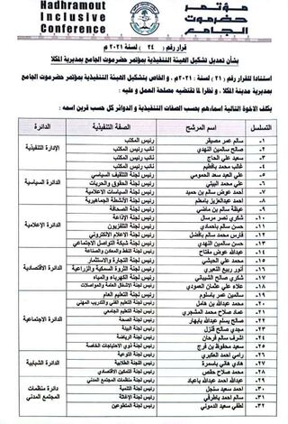 قرار لرئيس مؤتمر حضرموت الجامع بإضافة نائب رئيس لمكتب الهيئة التنفيذية بمديرية مدينة المكلا