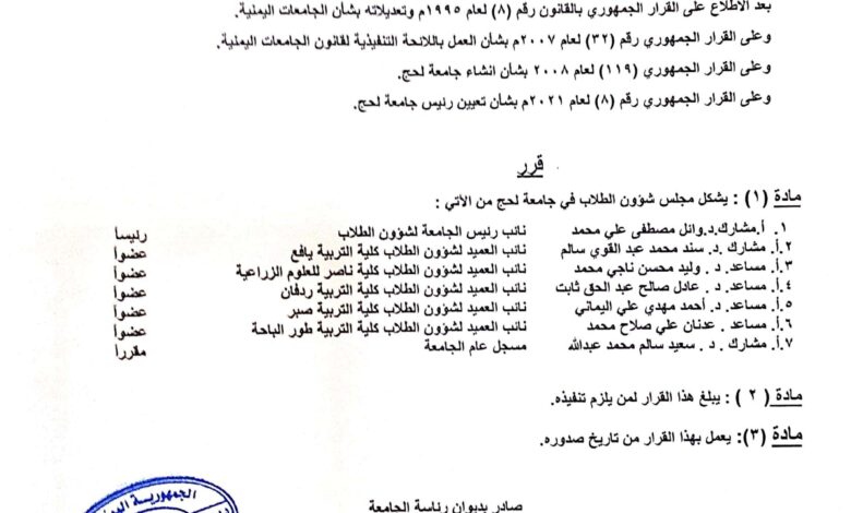 رئيس جامعة لحج يصدر قراراً بتشكيل مجلس شؤون الطلاب في الجامعة
